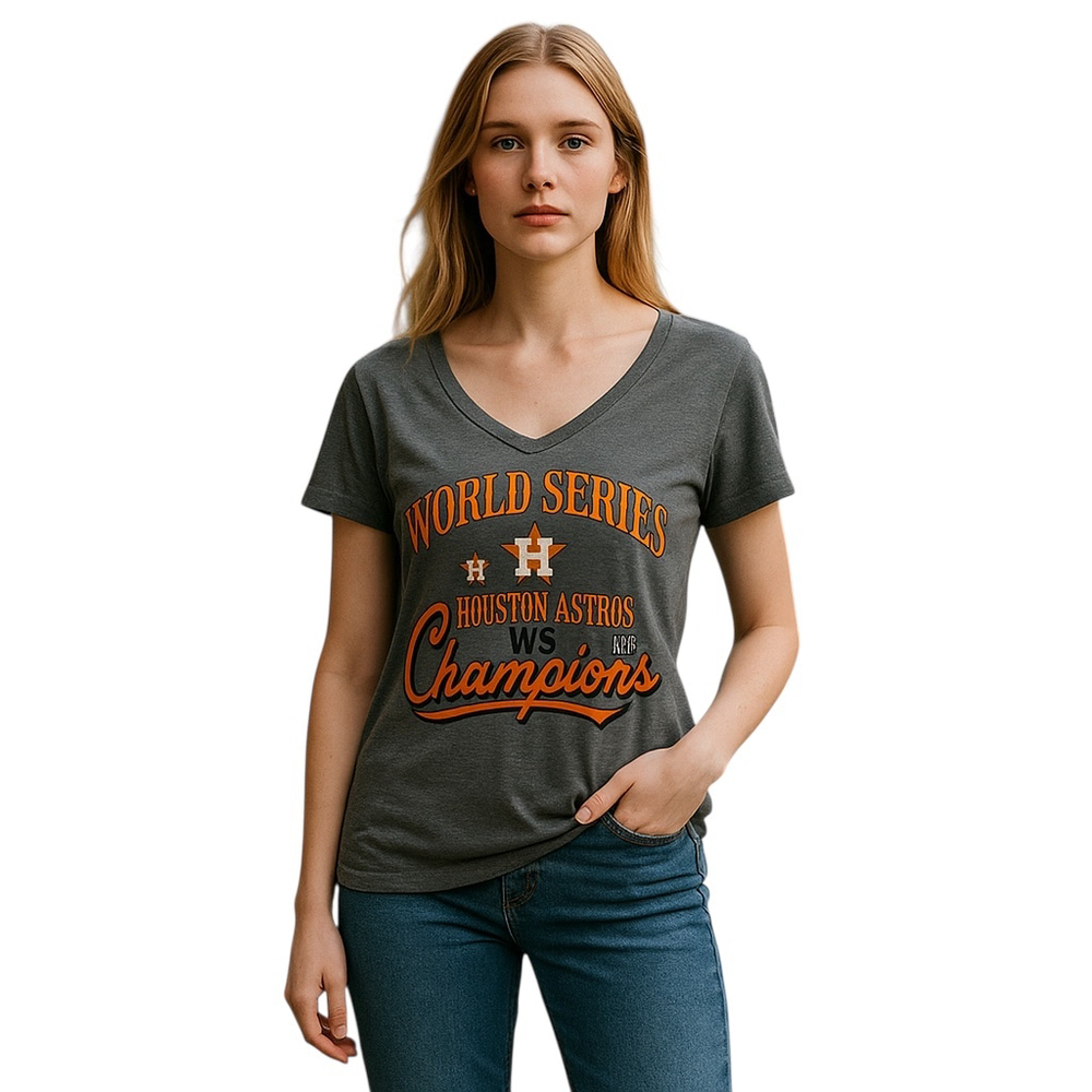 Houston Astros World Series Champion T-Shirt Womens L Gray V-Neck Short Sleeve